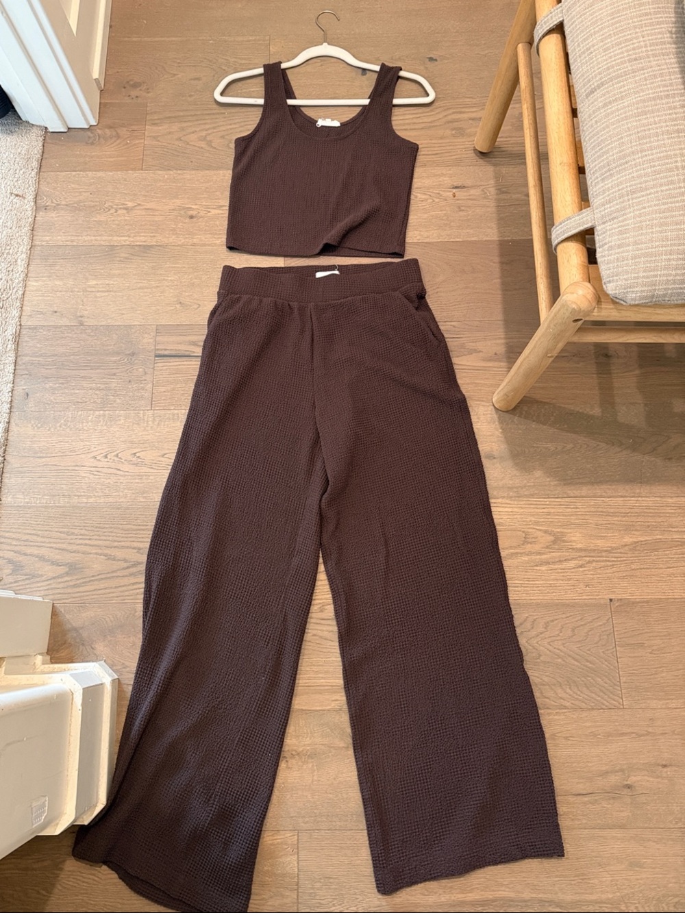 Brown/Maroon Ribbed Wide-Leg Pants & Crop Tank Set